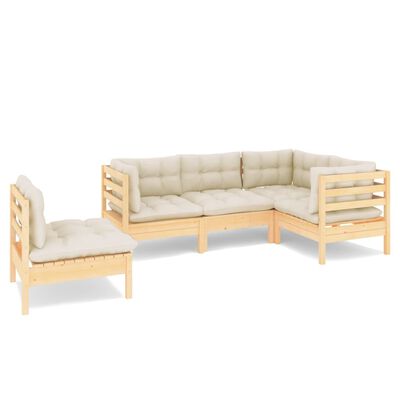 vidaXL 5 Piece Patio Lounge Set with Cream Cushions Pinewood