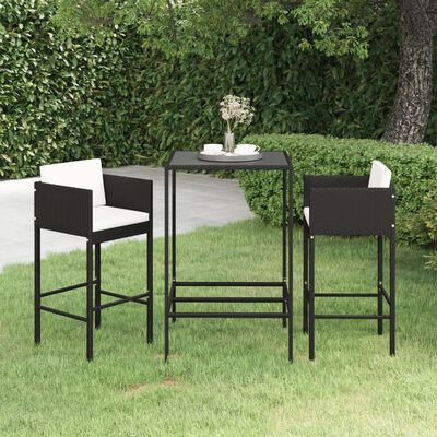 vidaXL 3 Piece Patio Bar Set with Cushions Poly Rattan Black