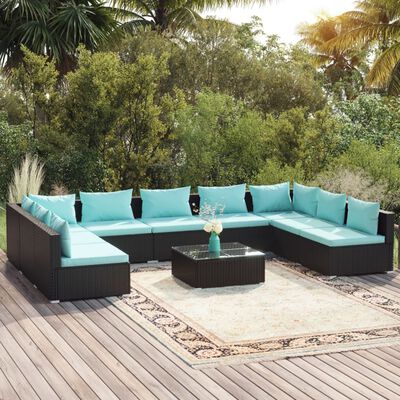 vidaXL 10 Piece Patio Lounge Set with Cushions Poly Rattan Black