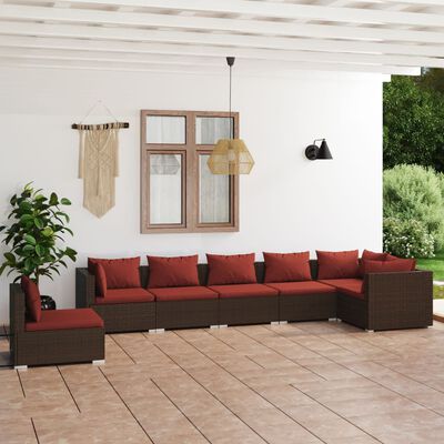 vidaXL 7 Piece Patio Lounge Set with Cushions Poly Rattan Brown