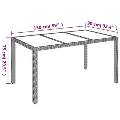 vidaXL Patio Table with Glass Top Gray 59.1"x35.4"x29.5" Poly Rattan