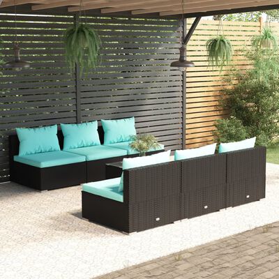 vidaXL 7 Piece Patio Lounge Set with Cushions Poly Rattan Black