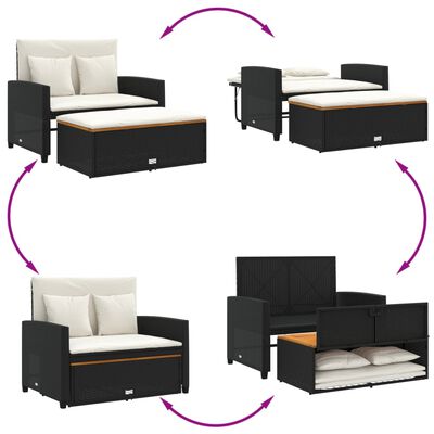 vidaXL Patio Sofa with Cushions 2-Seater Black Poly Rattan&Acacia Wood