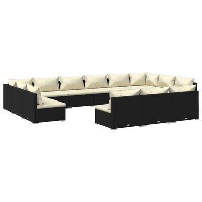 vidaXL 13 Piece Patio Lounge Set with Cushions Black Poly Rattan