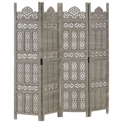 vidaXL Hand carved 4-Panel Room Divider Gray 63"x65" Solid Mango Wood