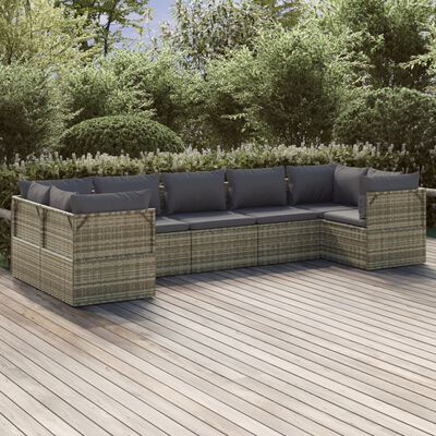 vidaXL 7 Piece Patio Lounge Set with Cushions Gray Poly Rattan