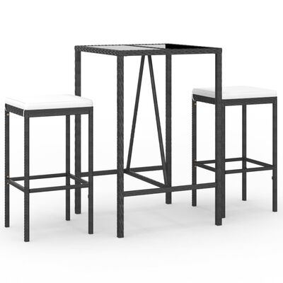 vidaXL 3 Piece Patio Bar Set with Cushions Black Poly Rattan