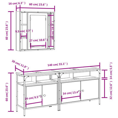 vidaXL 3 Piece Bathroom Cabinet Set Smoked Oak Engineered Wood