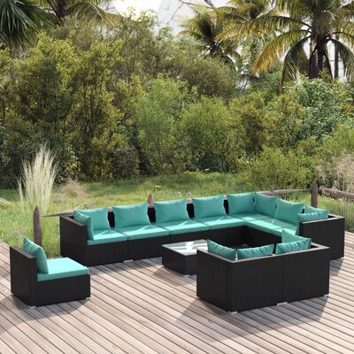 vidaXL 11 Piece Patio Lounge Set with Cushions Poly Rattan Black