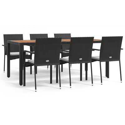 vidaXL 7 Piece Patio Dining Set with Cushions Black Poly Rattan