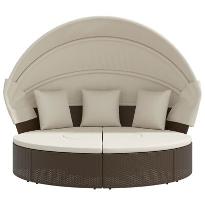 vidaXL Patio Lounge Bed with Canopy and Cushions Brown Poly Rattan