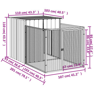 vidaXL Dog House with Run Anthracite 43.3"x79.1"x43.3" Galvanized Steel