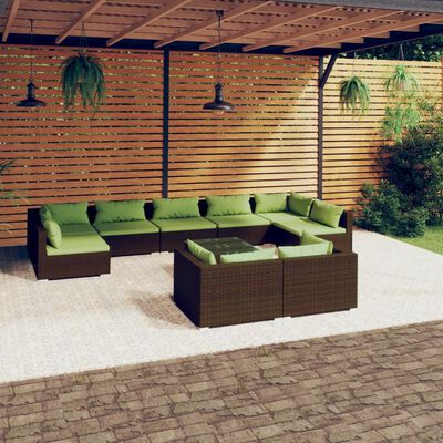 vidaXL 10 Piece Patio Lounge Set with Cushions Brown Poly Rattan