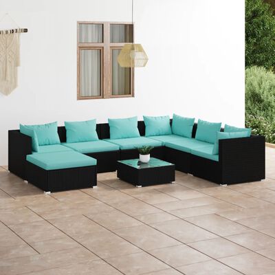 vidaXL 8 Piece Patio Lounge Set with Cushions Poly Rattan Black