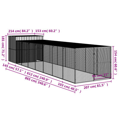 vidaXL Dog House with Run Light Gray 84.3"x340.6"x71.3" Galvanized Steel