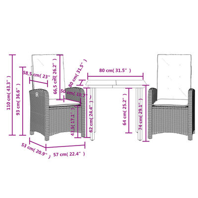 vidaXL 3 Piece Patio Dining Set with Cushions Black Poly Rattan