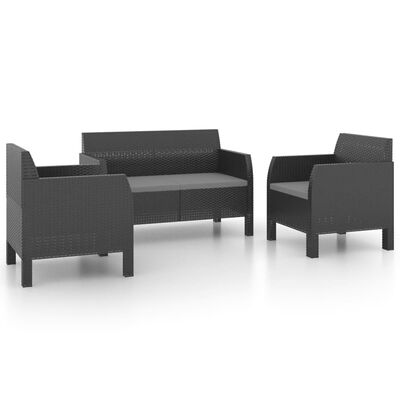 vidaXL 3 Piece Patio Lounge Set with Cushions PP Rattan Anthracite