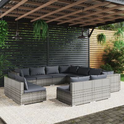 vidaXL 11 Piece Patio Lounge Set with Cushions Gray Poly Rattan