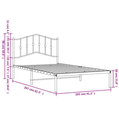 vidaXL Metal Bed Frame without Mattress with Headboard White 39.4"x78.7"