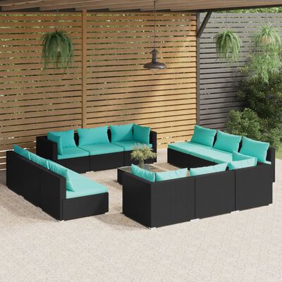 vidaXL 13 Piece Patio Lounge Set with Cushions Poly Rattan Black