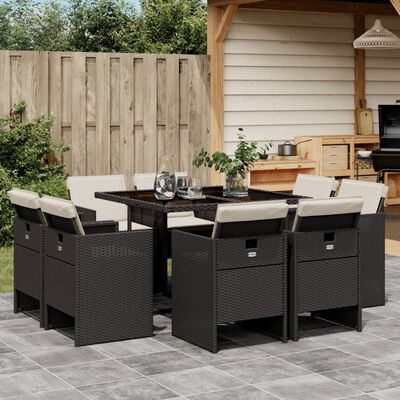 vidaXL 9 Piece Patio Dining Set with Cushions Black Poly Rattan