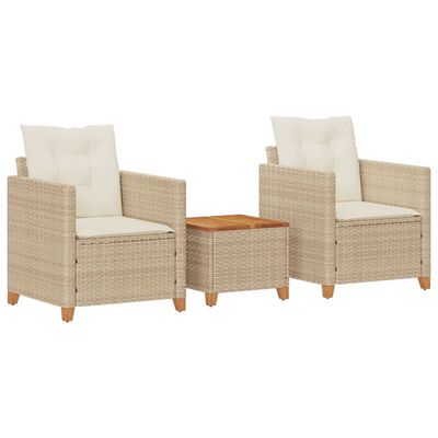 vidaXL 3 Piece Bistro Set with Cushions Beige Poly Rattan Acacia Wood