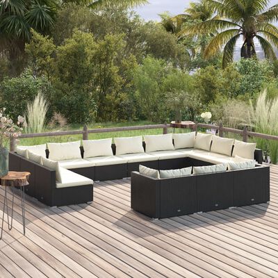 vidaXL 13 Piece Patio Lounge Set with Cushions Black Poly Rattan