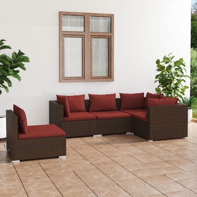 vidaXL 5 Piece Patio Lounge Set with Cushions Poly Rattan Brown