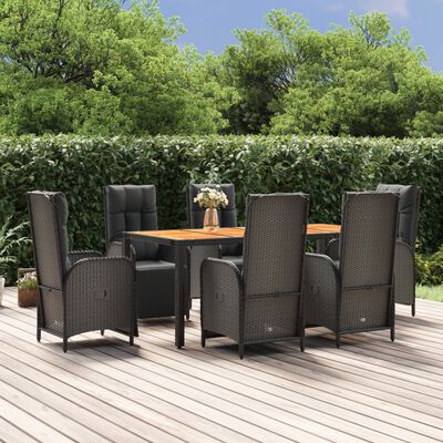 vidaXL 7 Piece Patio Dining Set with Cushions Black Poly Rattan