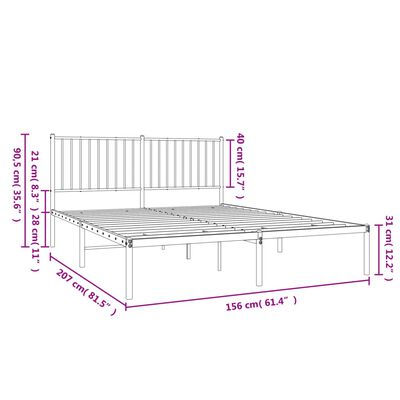 vidaXL Metal Bed Frame without Mattress with Headboard White 59.1"x78.7"