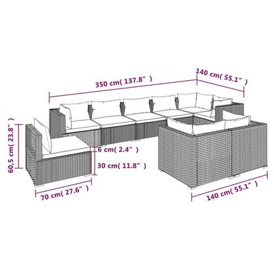 vidaXL 9 Piece Patio Lounge Set with Cushions Poly Rattan Brown