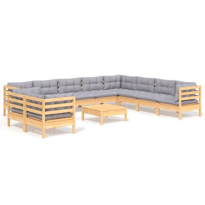 vidaXL 11 Piece Patio Lounge Set with Gray Cushions Solid Pinewood