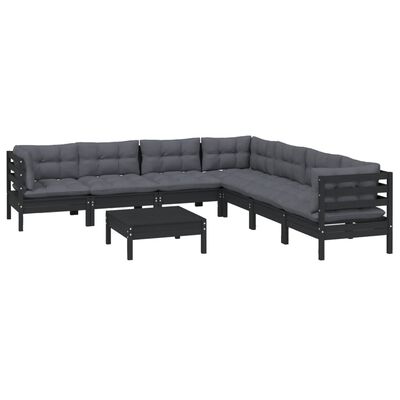 vidaXL 8 Piece Patio Lounge Set with Cushions Black Solid Pinewood