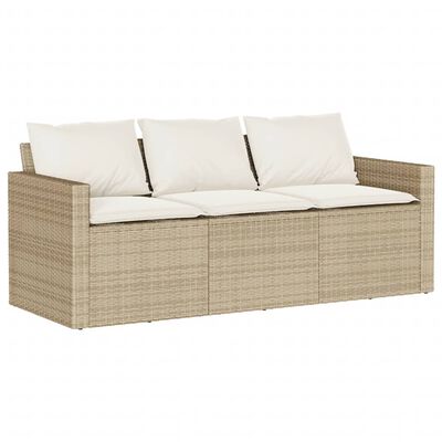 vidaXL Patio Sofa with Cushions 3-Seater Beige Poly Rattan