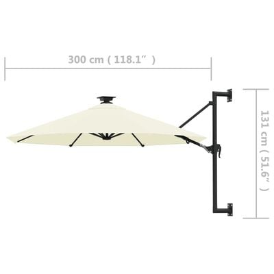 vidaXL Wall-mounted Garden Parasol with LEDs and Metal Pole 118.1" Sand