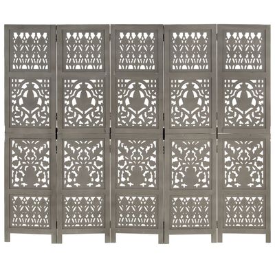 vidaXL Hand Carved 5-Panel Room Divider Gray 78.7"x65" Solid Mango Wood