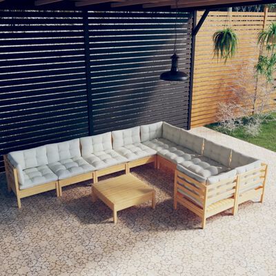 vidaXL 10 Piece Patio Lounge Set with Cream Cushions Pinewood