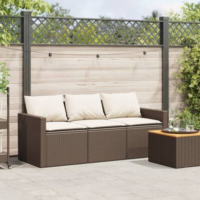 vidaXL Patio Sofa with Cushions 3-Seater Brown Poly Rattan