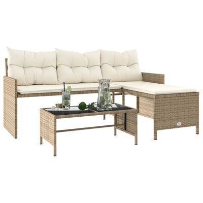 vidaXL Patio Sofa with Table and Cushions L-Shaped Beige Poly Rattan