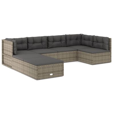 vidaXL 7 Piece Patio Lounge Set with Cushions Gray Poly Rattan