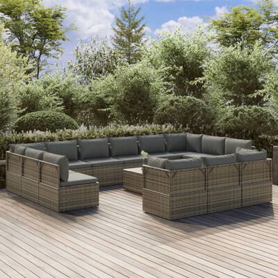 vidaXL 14 Piece Patio Lounge Set with Cushions Gray Poly Rattan