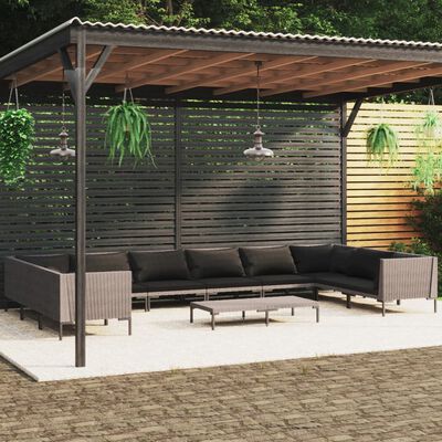 vidaXL 11 Piece Patio Lounge Set with Cushions Poly Rattan Dark Gray