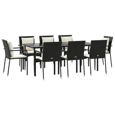 vidaXL 9 Piece Patio Dining Set with Cushions Black Poly Rattan