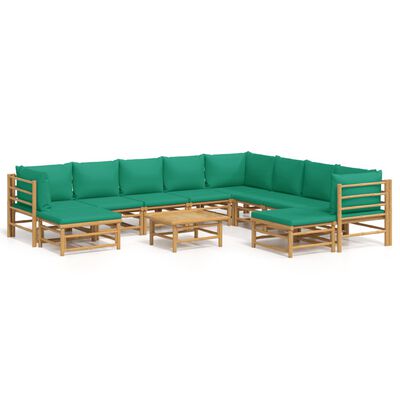 vidaXL 11 Piece Patio Lounge Set with Green Cushions Bamboo