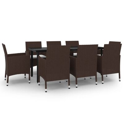 vidaXL 9 Piece Patio Dining Set with Cushions Poly Rattan and Glass