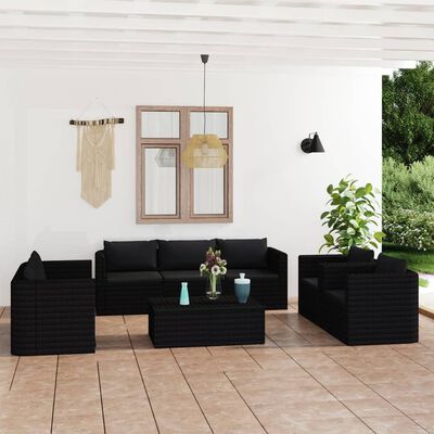 vidaXL 9 Piece Patio Lounge Set with Cushions Poly Rattan Black