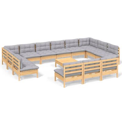 vidaXL 14 Piece Patio Lounge Set with Gray Cushions Solid Pinewood