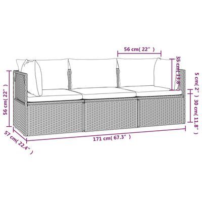 vidaXL 3 Piece Patio Lounge Set with Cushions Gray Poly Rattan