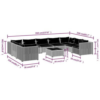 vidaXL 10 Piece Patio Lounge Set with Cushions Poly Rattan Gray