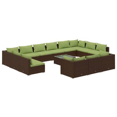 vidaXL 14 Piece Patio Lounge Set with Cushions Brown Poly Rattan